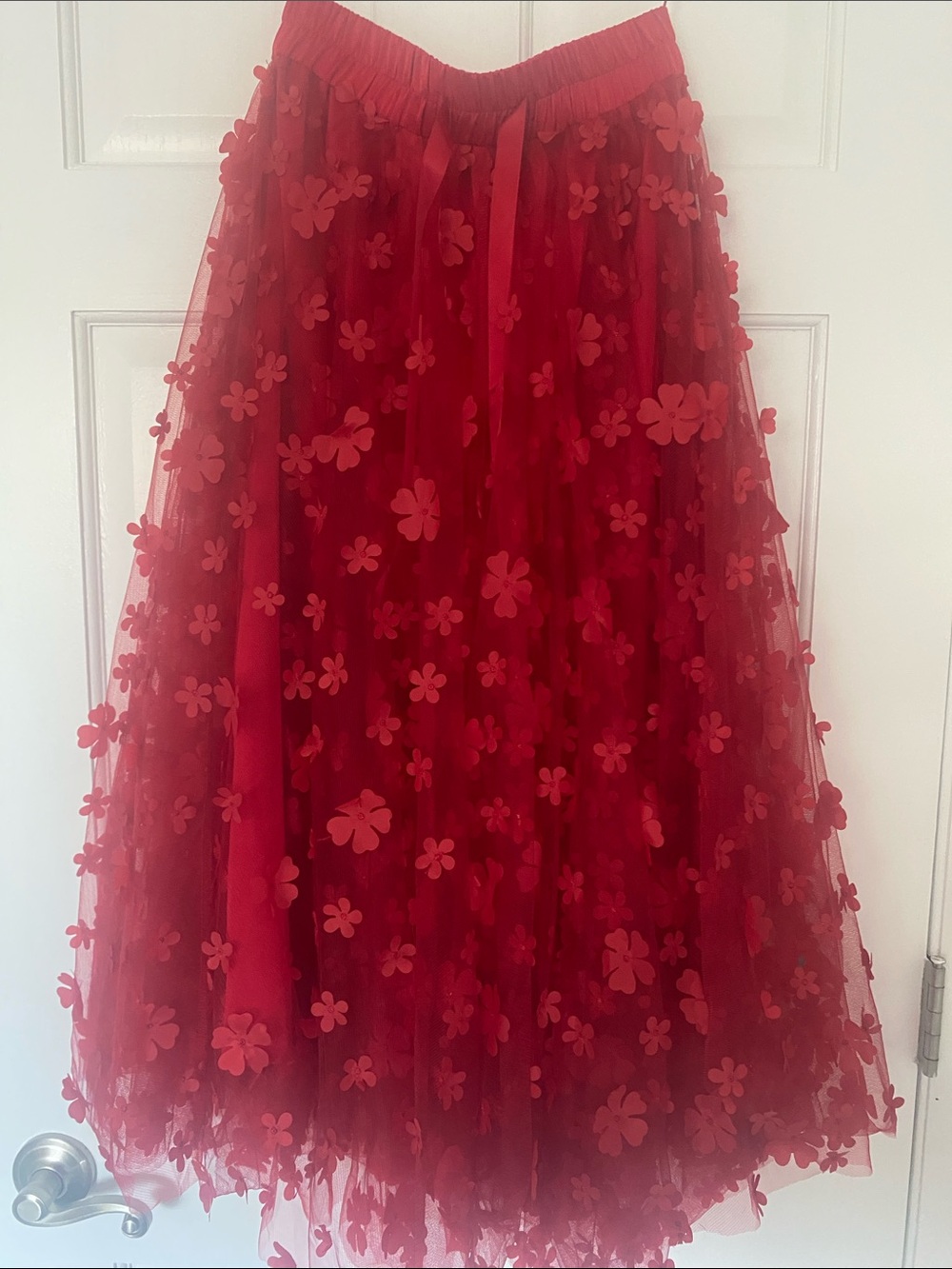 Abbey Glass Sue Skirt Red Floral 3D Appliqué Maxi Skirt